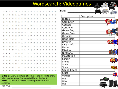 Videogames Wordsearch Puzzle Sheet Keywords Settler Starter Cover Lesson ICT Computing