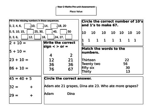 Year 2 place value pre-unit assessment for place value.