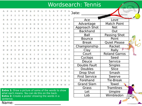 Tennis Wordsearch Puzzle Sheet Keywords Settler Starter Cover Lesson PE Sports