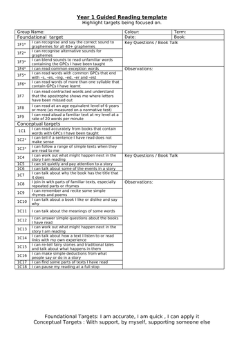 Guided Reading Record Sheet for Y1