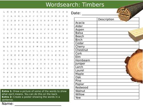 Timbers Wordsearch Puzzle Sheet Keywords Settler Starter Cover Lesson Design Technology Wood