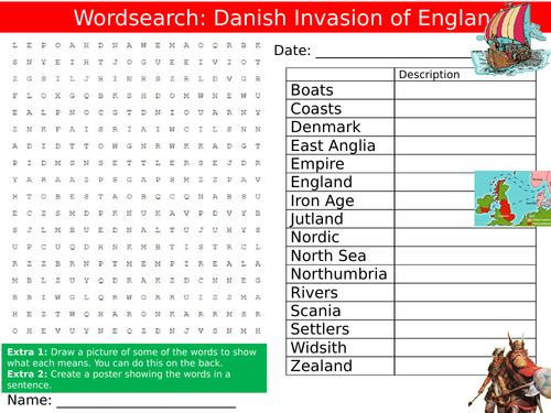 Danish Invasion of England Wordsearch Puzzle Sheet Keywords Settler Starter Cover Lesson History