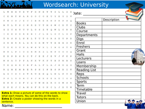 University Wordsearch Puzzle Sheet Keywords Settler Starter Cover Lesson Careers FE Education