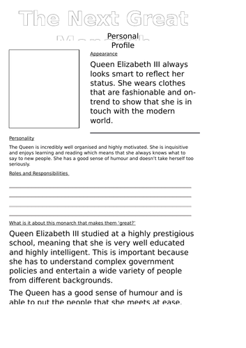 The Next Great Monarch Differentiated Worksheets and modelled example