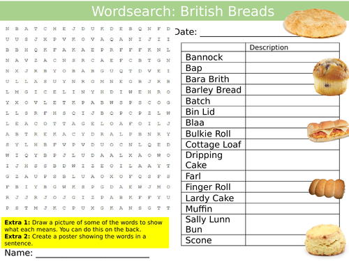 British Breads Wordsearch Puzzle Sheet Keywords Settler Starter Cover Lesson Food Technology