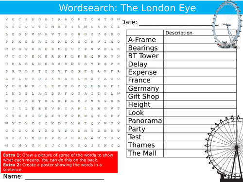 The London Eye Wordsearch Puzzle Sheet Keywords Settler Starter Cover Lesson Capitals