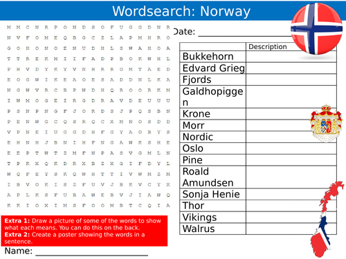 Norway Wordsearch Puzzle Sheet Keywords Settler Starter Cover Lesson Country Geography