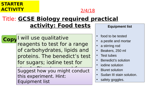 AQA new specification-REQUIRED PRACTICAL 4-Food tests-B3.3