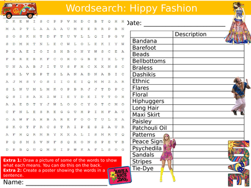 Hippy Fashion Wordsearch Puzzle Sheet Keywords Settler Starter Cover Lesson Design Textiles