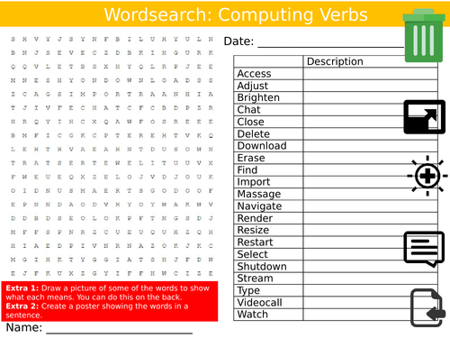 Computing Verbs Wordsearch Puzzle Sheet Keywords Settler Starter Cover Lesson ICT Literacy