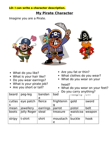 Character description worksheet (Pirate themed)