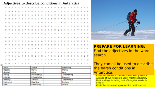 Ambitious adjectives to describe harsh conditions in Antarctica. Vocabulary and spelling lesson