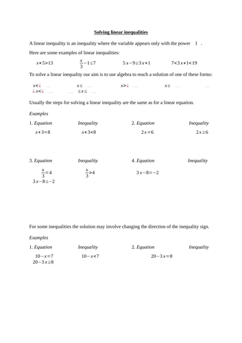 Solving linear inequalities worksheet + homework/test