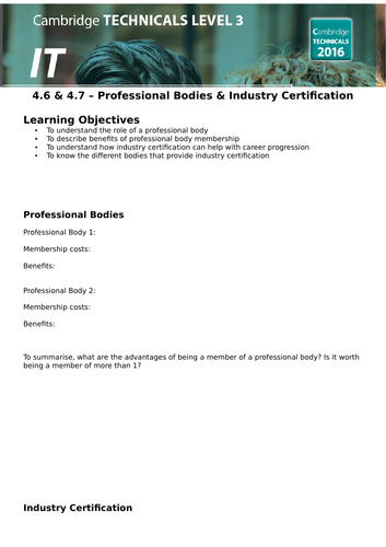 OCR Cambridge Technicals in IT - Unit 1 - 4.6 & 4.7 -Professional Bodies and Industry Certification