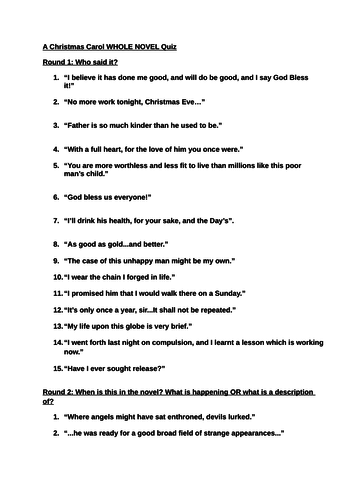 A Christmas Carol Whole Novel Quiz  Teaching Resources