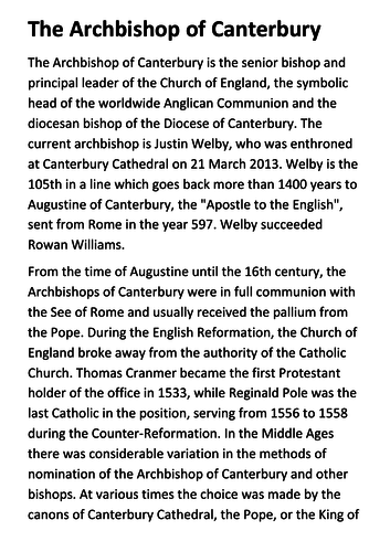 The Archbishop of Canterbury Handout
