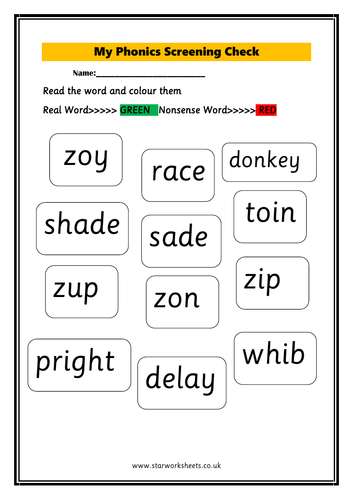 Year 1-Phonics Screening Worksheet | Teaching Resources