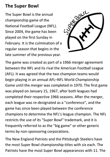 Super Bowl Informational Text Reading Comprehension Worksheet Football  February