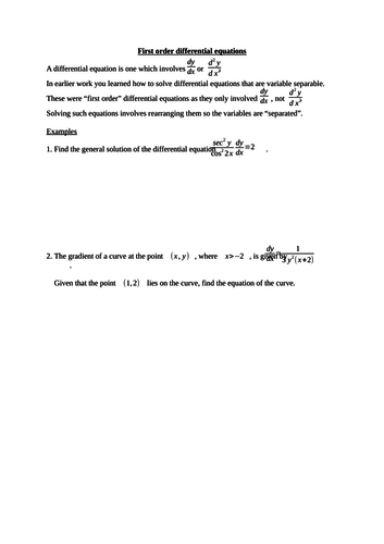 Separable Differential Equations Worksheet - worksheet