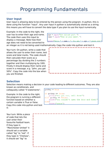 GCSE Computer Science - Programming Fundamentals Worksheet and Quiz