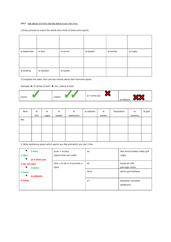 Free time activities in French  : likes and dislikes /sports