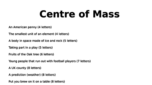 physics 1-9 centre of mass literacy starter
