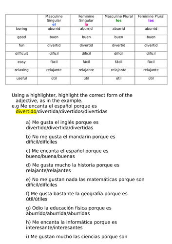 Using adjectives to describe school subjects in Spanish