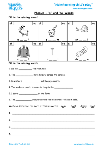 Phonics - 'ai' or 'oa' Words, Missing Sounds | Teaching Resources