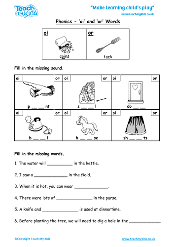 Phonics - 'oi' or 'or' words, Missing Sounds