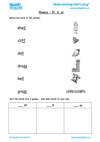 Phonics - 'ff', 'll', 'ss, Words, Match the Pictures, Write the Words