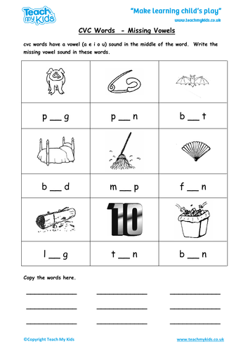 Phonics, CVC Words, Missing Vowels Pictures and Words