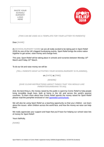 Sport Relief 2018: Letter to Parents