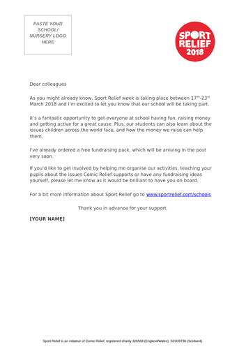 Sport Relief 2018: Letter to Staff