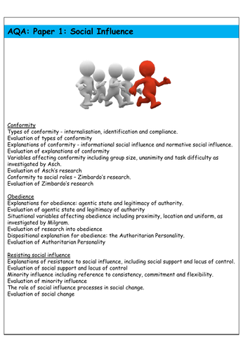 Social Influence Revision Booklet - AQA Psychology - A Level | Teaching ...