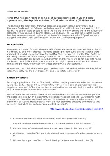 Edexcel Pearson GCSE Business (9-1) 2017 1.5.3 Horsemeat Scandal Assessment