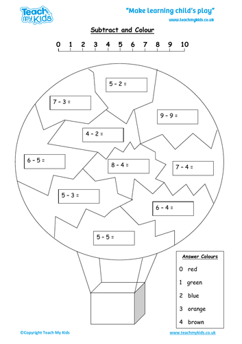 Subtract and Colour -  Numbers under 10, Number lines and Number Sentences.