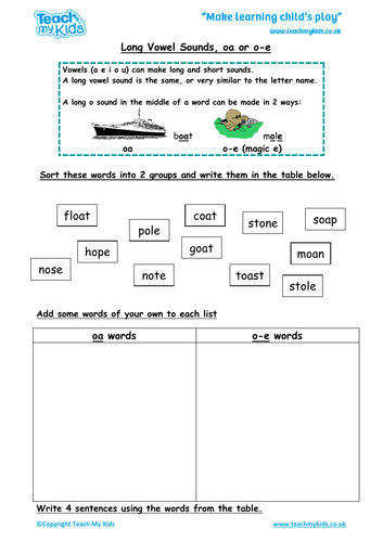 worksheet kindergarten for phonic 'o and Vowel Sounds Phonics Long   'oa' e', Spelling