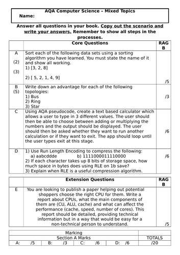 GCSE Computer Science - 4 Homework Pack Mixed Topics including High Mark Exam Question Focus