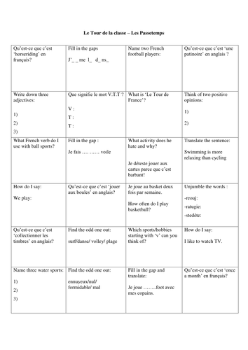 Speaking Class Activity - Les Passetemps