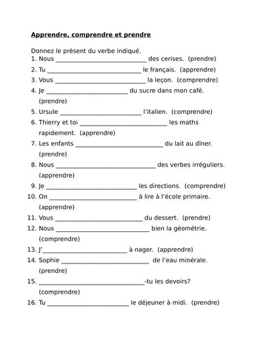 prendre apprendre comprendre french verbs worksheet 2