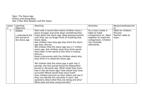 Stone Age topic plan for year 3