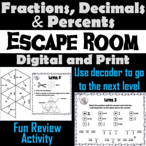 Fractions Decimals Percents: Math Escape Room