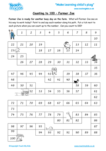 Counting to 100, Farmer Joe, Count Reliably, Worksheet, Assessment