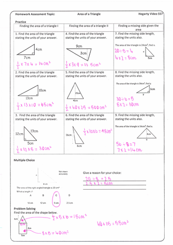 Area of a Triangle Homework with Answers