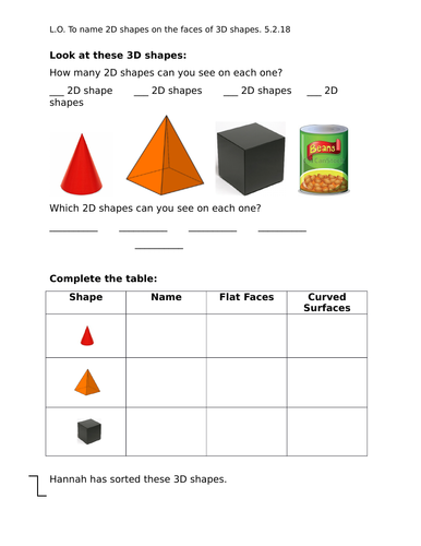 Describing properties of 3-D shapes, Year 2, set of worksheets for 3 lessons, differentiated 2 ways.