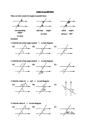 Angles in parallel lines worksheet | Teaching Resources
