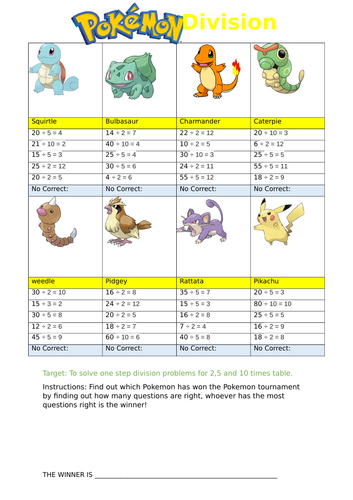 Pokemon division 2s, 5s and 10s times table worksheet.