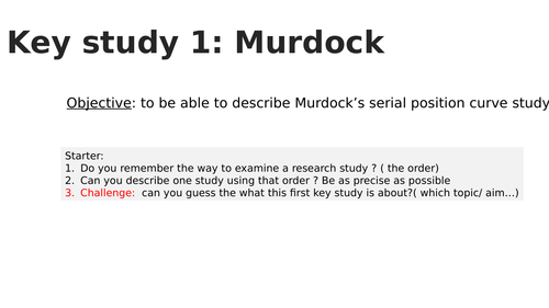 New GCSE Psychology - MURDOCK study ( serial position curve)