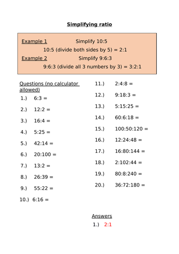 simplifying ratios wanswers ks3gcse maths teaching