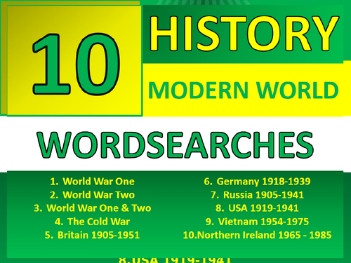 10 History Modern World Wordsearch Starter Activities KS3 GCSE Cover Homework Plenary Settler